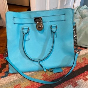 Michael Kors Hamilton Aqua Blue Leather Satchel
